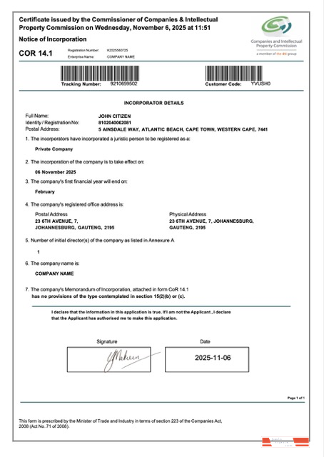 South Africa certificate of incorporation Word and PDF template